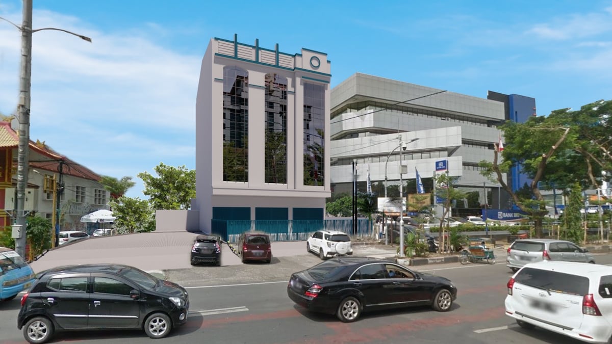 A modern multi-story building is depicted, featuring large reflective windows that capture surrounding scenery. The building's design is contemporary, with a flat roof and decorative elements. Several vehicles are visible in front, indicating a bustling urban setting.