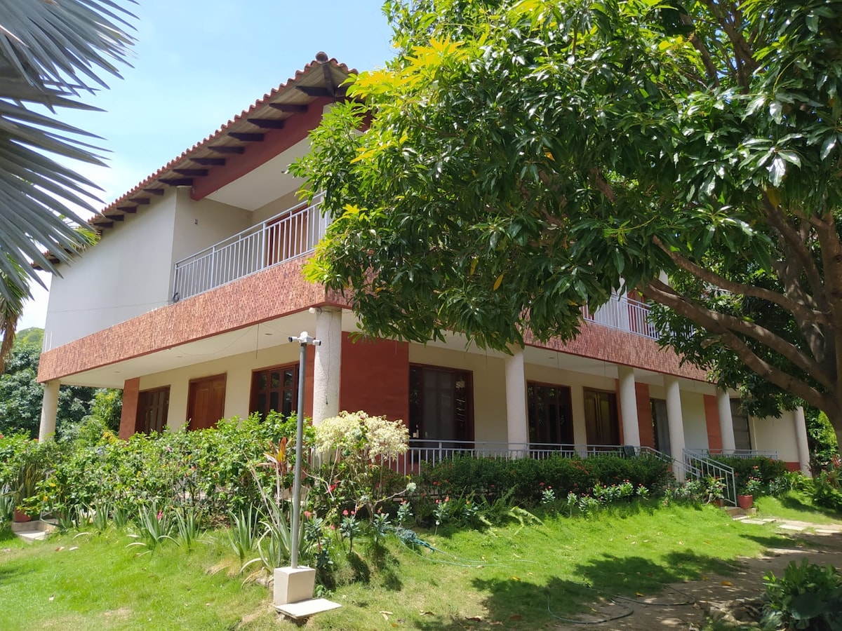 A spacious two-story cabin is surrounded by lush green gardens, showcasing a variety of plants and trees. Large windows allow natural light to fill the interior, while a balcony offers a scenic view of the serene surroundings.