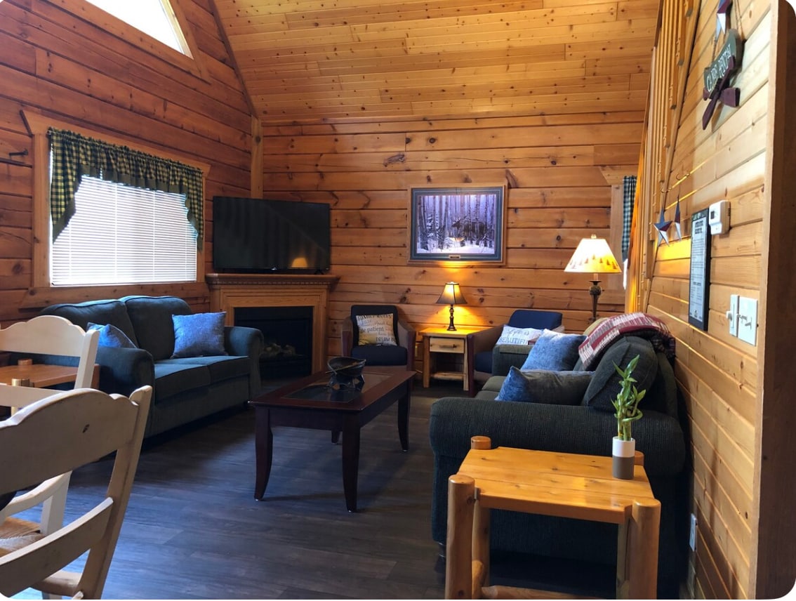 A cozy living area is enclosed by wooden walls, featuring comfortable seating arrangements. A television is mounted above the fireplace. Natural light filters through the windows, adorned with plaid curtains, while a small table lamp provides additional illumination.