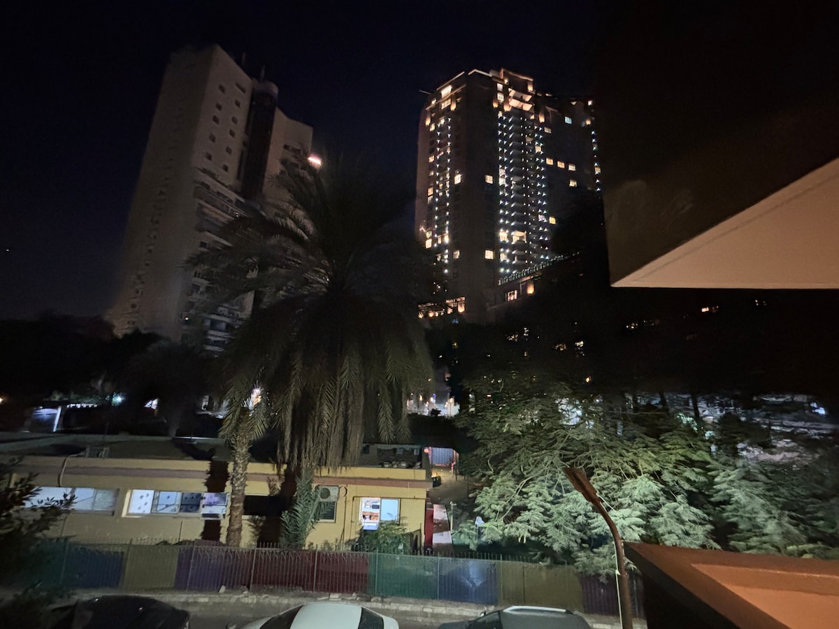 A night view of the surrounding area reveals tall buildings illuminated by city lights, framed by palm trees and greenery. The scene captures a blend of urban life and nature, with distant structures visible against the deep night sky.