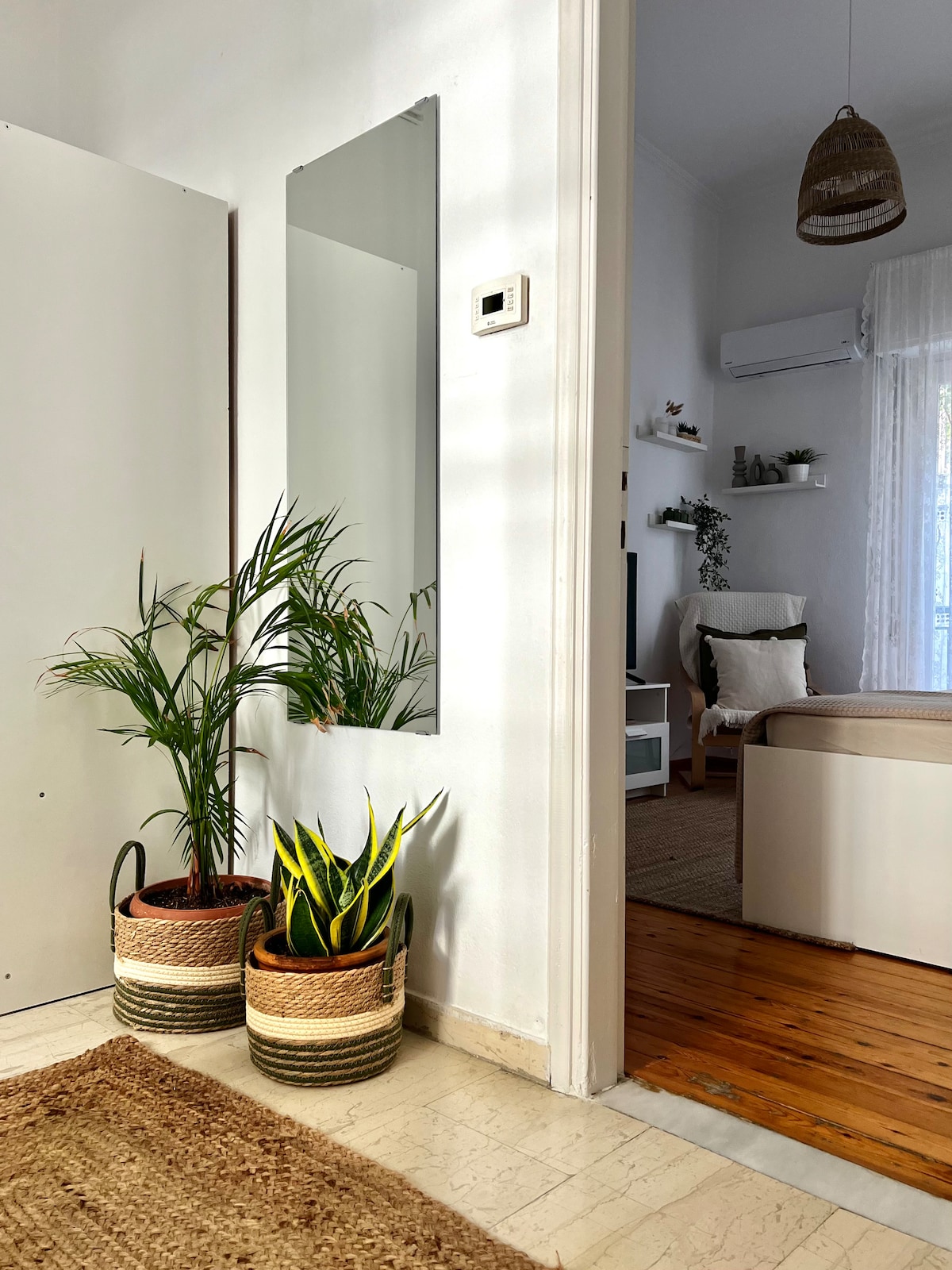 An inviting hallway is depicted, featuring a tall mirror on the wall opposite a pair of decorative plants in woven baskets. The hardwood floor leads into a softly lit living area, creating a harmonious transition between spaces.