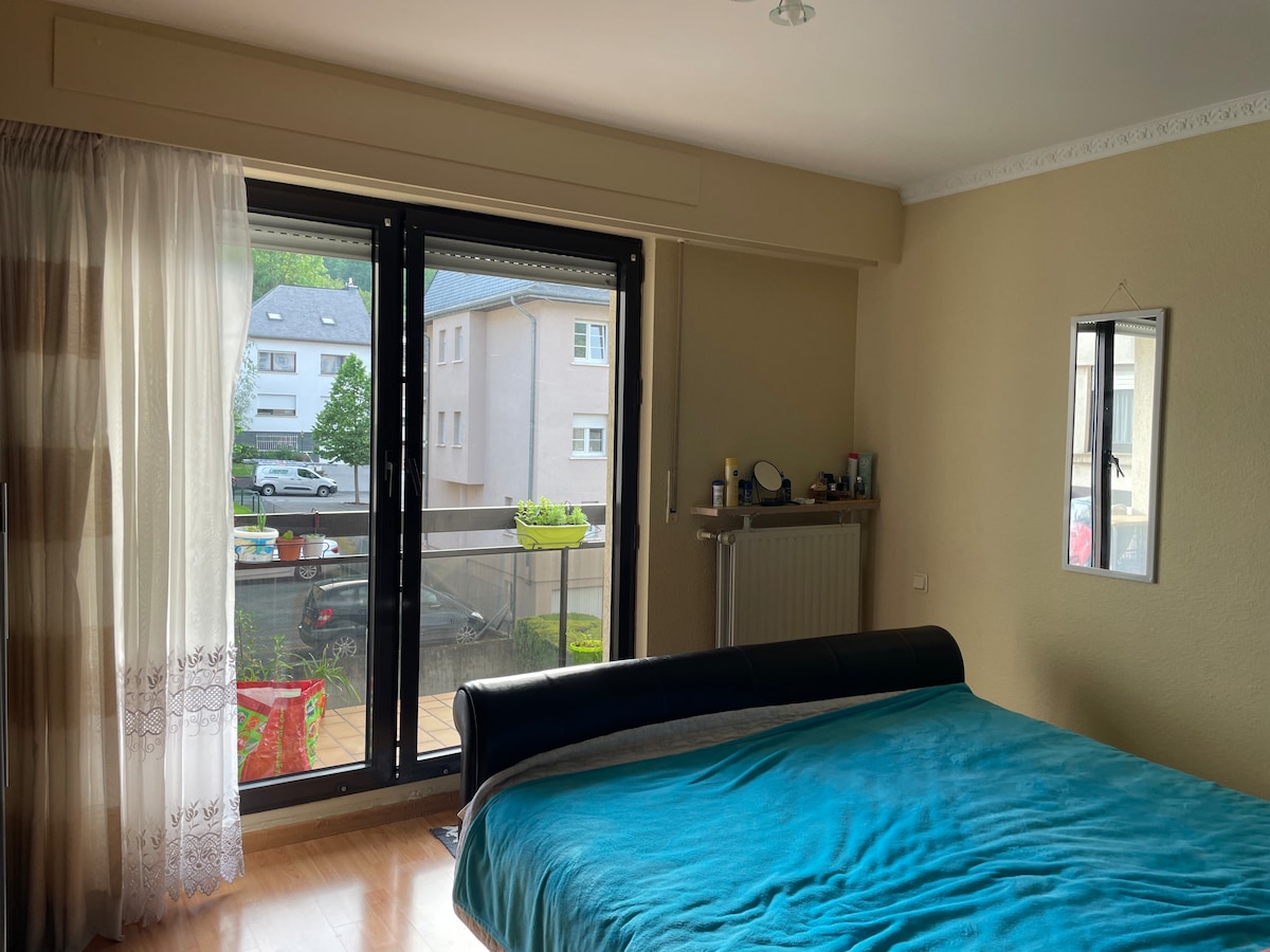 A bright bedroom features a spacious bed covered with a blue blanket, positioned near large glass doors that open to a balcony. Natural light fills the room, accentuating the light-colored walls and the warm wooden flooring.
