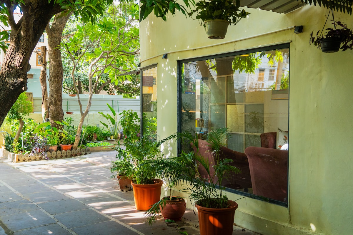 A bright corner of the courtyard is framed by large windows, allowing natural light to fill the interior. Potted plants are placed along the pathway, complemented by surrounding greenery that creates a tranquil setting. The exterior walls are painted in soft tones.