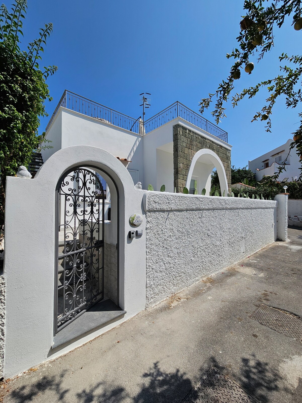 A whitewashed villa is framed by a decorative wrought-iron gate. The entrance is flanked by lush greenery, with a clear blue sky overhead. The building features a rooftop terrace accessible via a set of stairs, enhancing the welcoming facade.