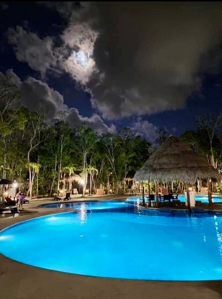 A tranquil pool area is illuminated under a night sky, with the moon partially obscured by clouds. The pool's clear blue water contrasts with the surrounding lush greenery and thatched-roof structures, creating a serene atmosphere for relaxation.