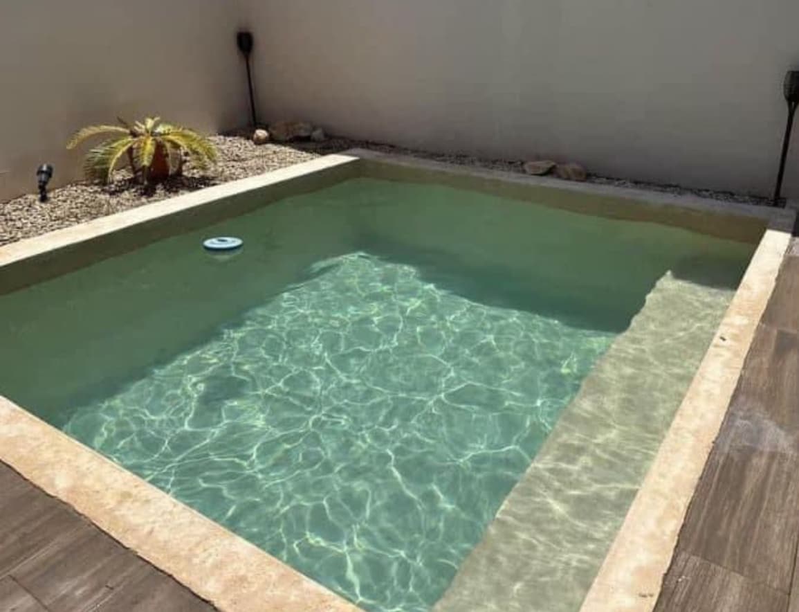 A private pool is set within a tranquil outdoor area, surrounded by decorative stones and plants. The water reflects light, creating a serene ambiance. The pool features smooth edges and a shallow entry, inviting relaxation and leisurely moments.