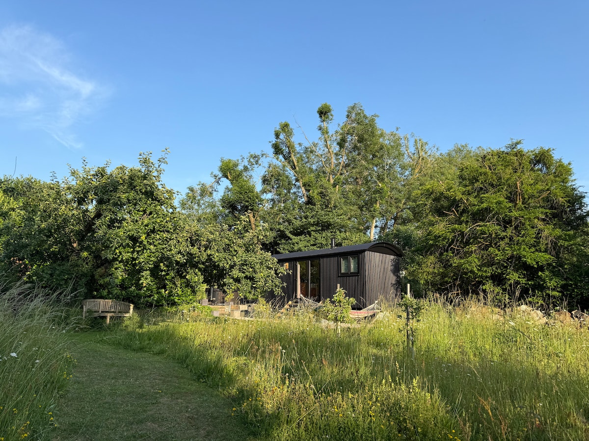A secluded hut is nestled among lush greenery, surrounded by trees and tall grass. A winding path leads to the entrance, offering a peaceful countryside setting and an inviting atmosphere for relaxation.