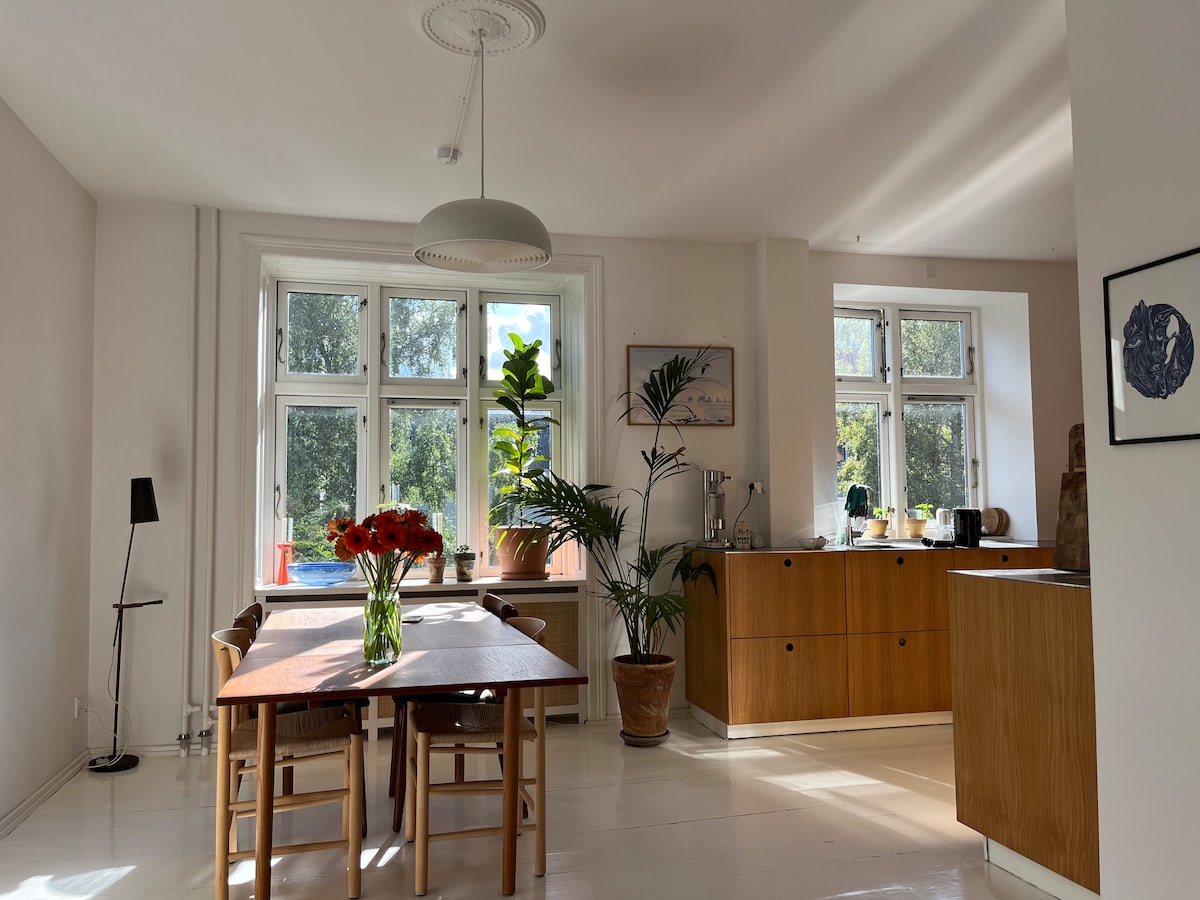 An open kitchen-dining area is displayed, featuring a wooden dining table surrounded by chairs. Large windows provide natural light, with potted plants adding a touch of greenery. Storage cabinets line the wall, contributing to the airy feel of the space.