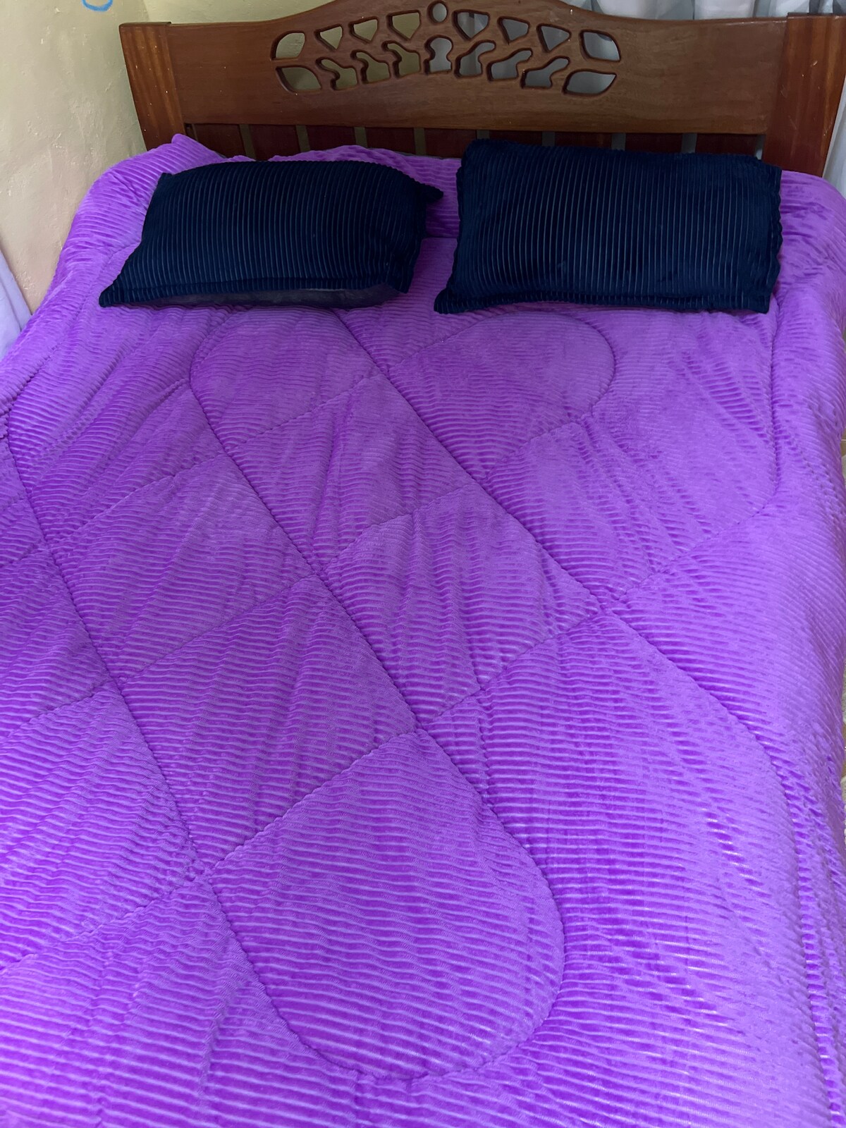 A spacious bed is covered with a purple patterned comforter, featuring subtle stripes. Two dark blue pillows are positioned at the head of the bed, providing a contrasting element against the vibrant bedding.
