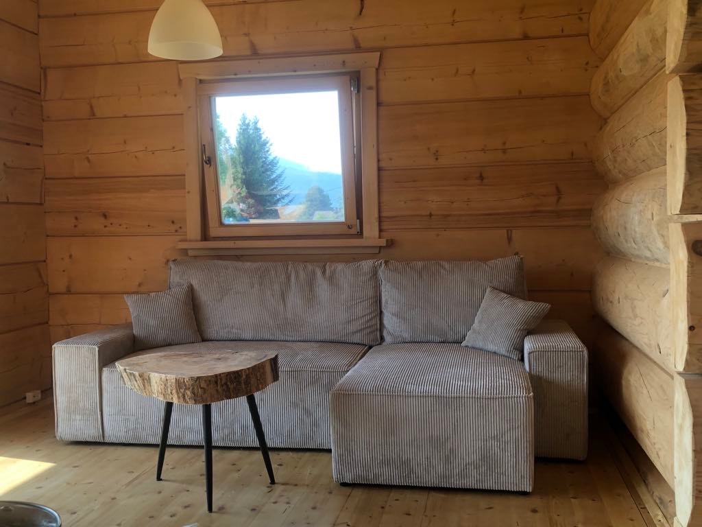 Przytulny salon z kanapą i drewnianymi ścianami