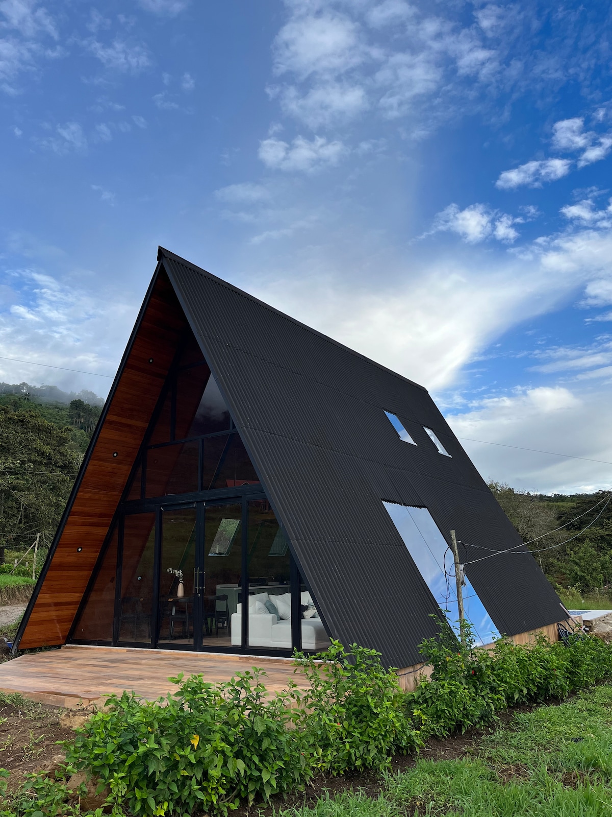 A modern A-frame cabin is set against a backdrop of greenery and blue skies. Featuring a combination of black and wood paneling, large glass windows allow natural light to fill the interior. The porch area is surrounded by lush foliage.