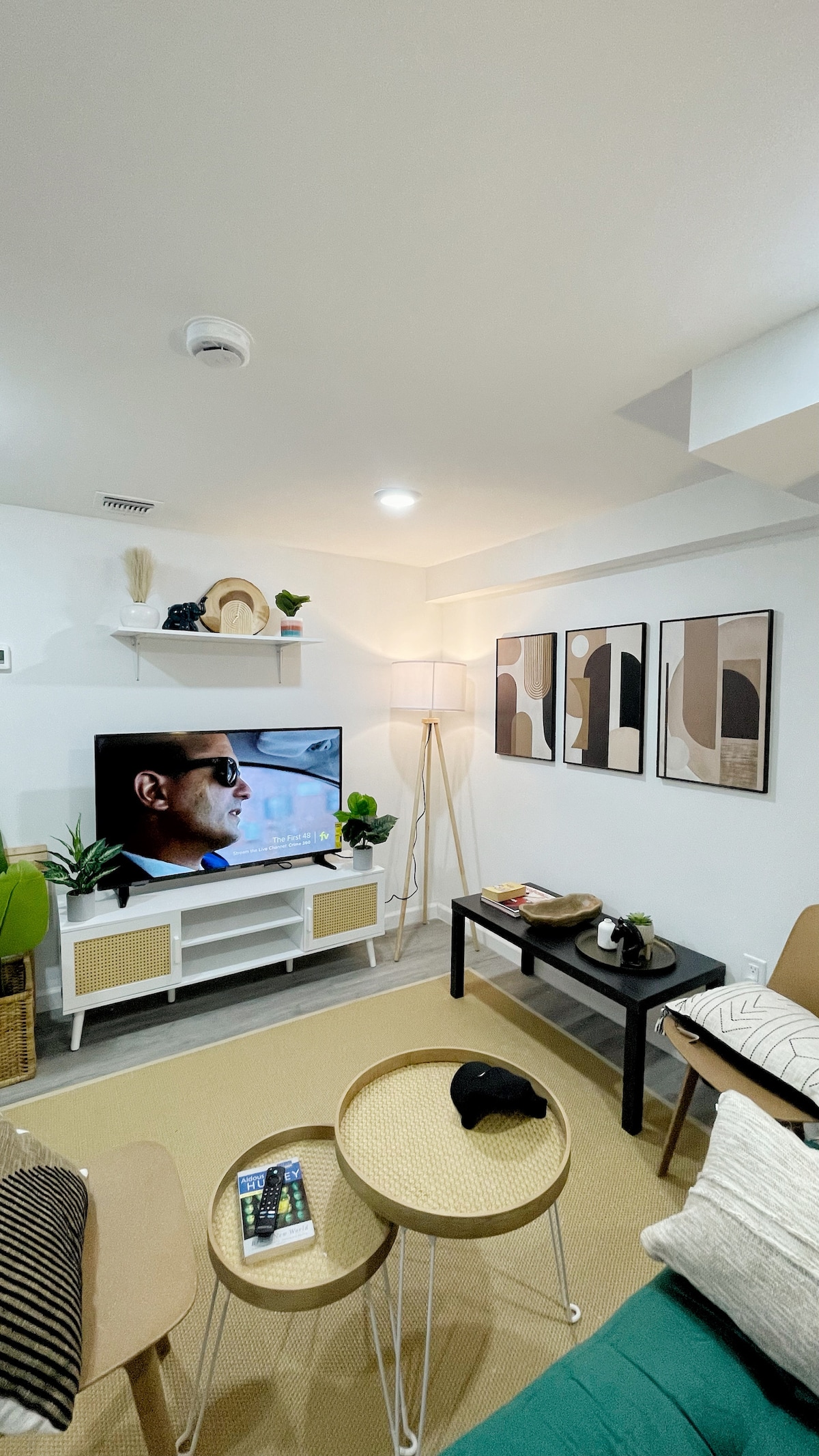 A modern living area is highlighted by a sleek white entertainment unit featuring a television and decorative items. Soft lighting from a standing lamp enhances the cozy ambiance. Art prints adorn the walls, and various plants add a touch of greenery to the space.