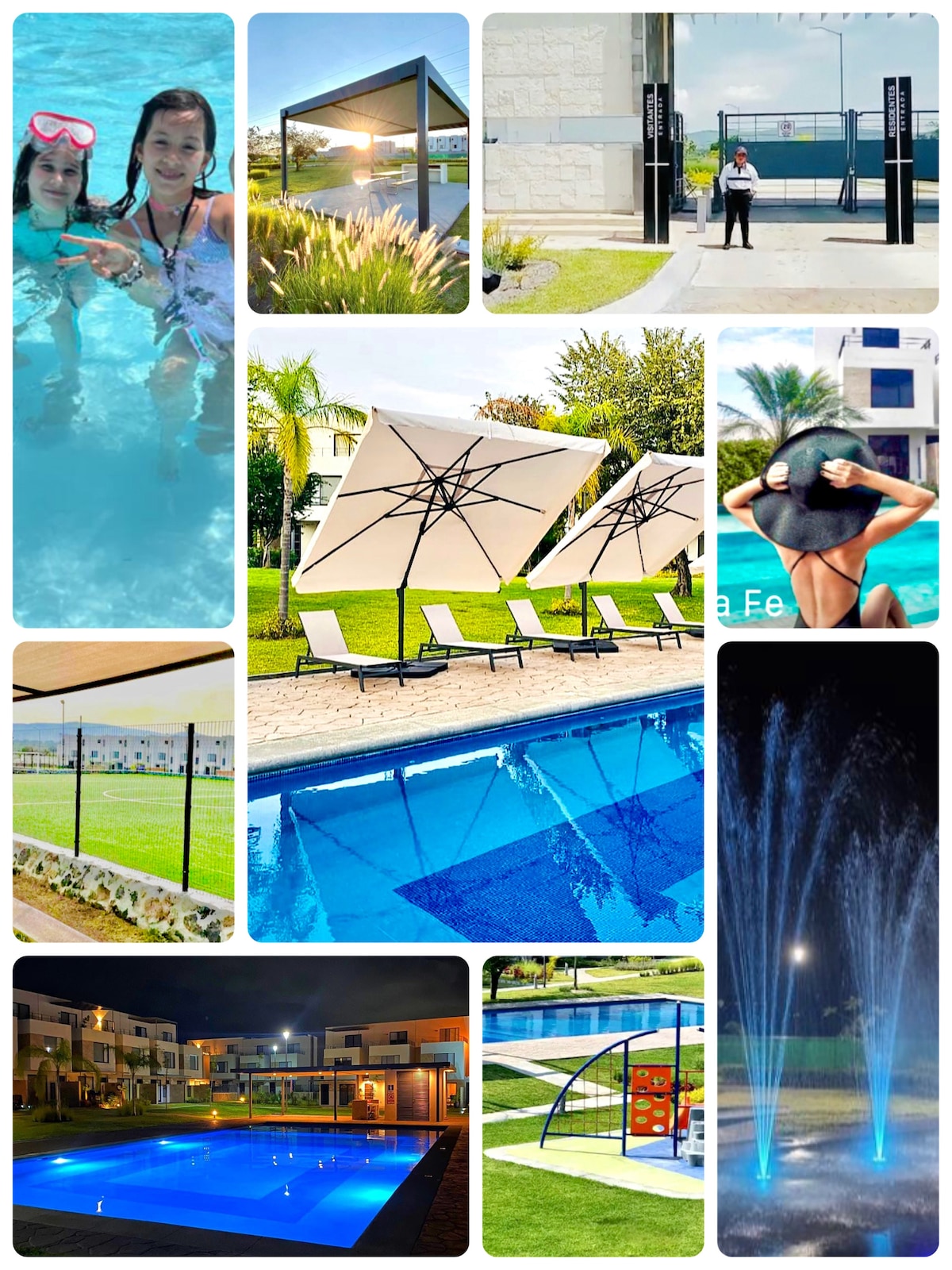 A serene pool area is highlighted, featuring lounge chairs with umbrellas, surrounded by lush green landscaping. A vibrant blue pool reflects the sky, with fountains adding a playful touch. Safety personnel can be seen by the entrance, ensuring a secure environment for guests.