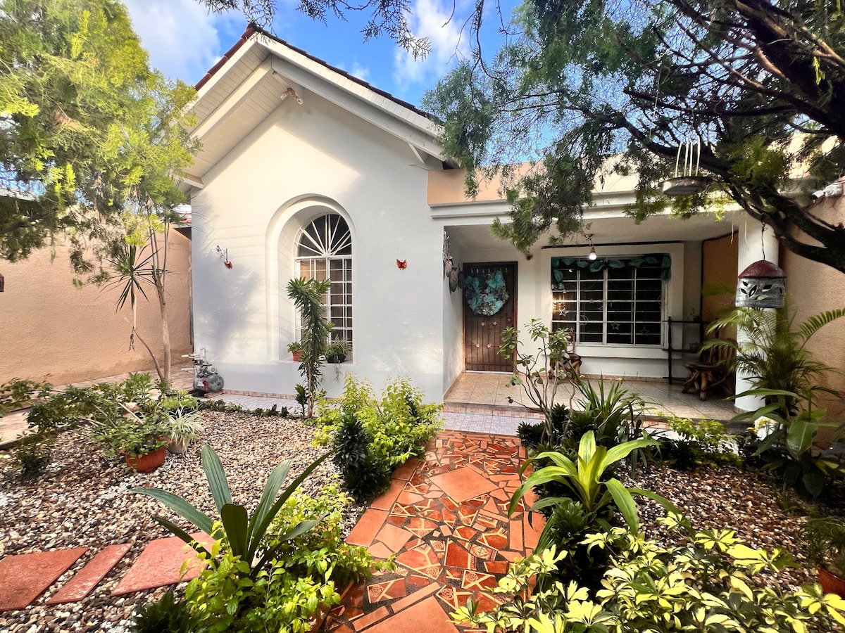 A charming exterior view of the house features a well-maintained garden with diverse plants and stone pathways. Natural light highlights the entry, which includes a decorative door and a large window. The surrounding greenery adds to the welcoming atmosphere.