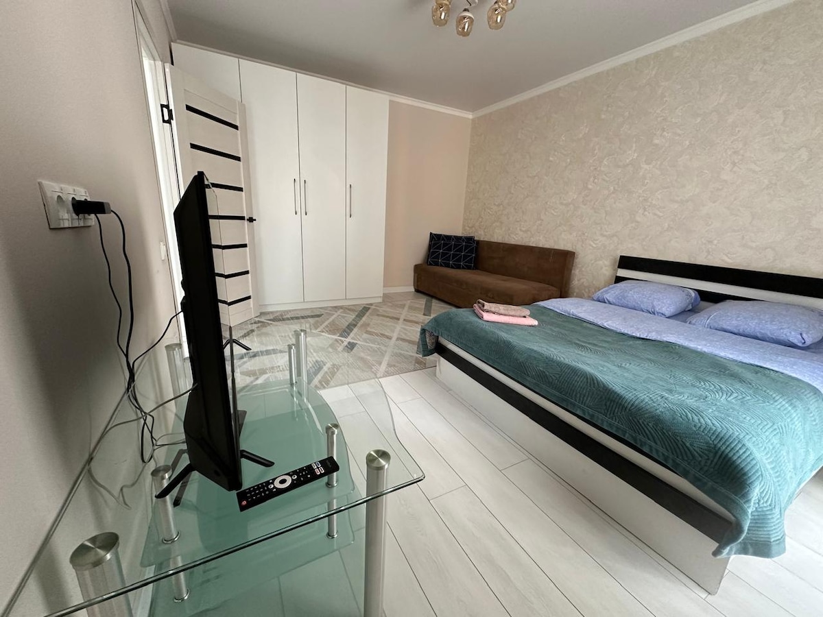 A spacious room contains a large bed with light blue bedding and a brown sofa. A glass table holds a remote, and a television is positioned on a stand nearby. The light-colored walls complement the wooden flooring, creating a calm atmosphere.