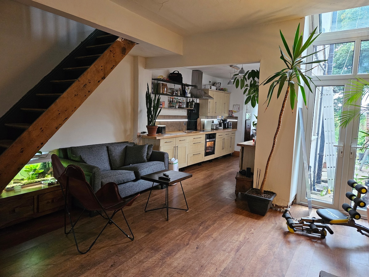 A spacious living area features a comfortable gray sofa and two brown chairs, facing a sleek coffee table. Kitchen appliances and cabinetry are visible in the background, along with various plants. Large windows allow natural light to illuminate the space, enhancing the open layout.