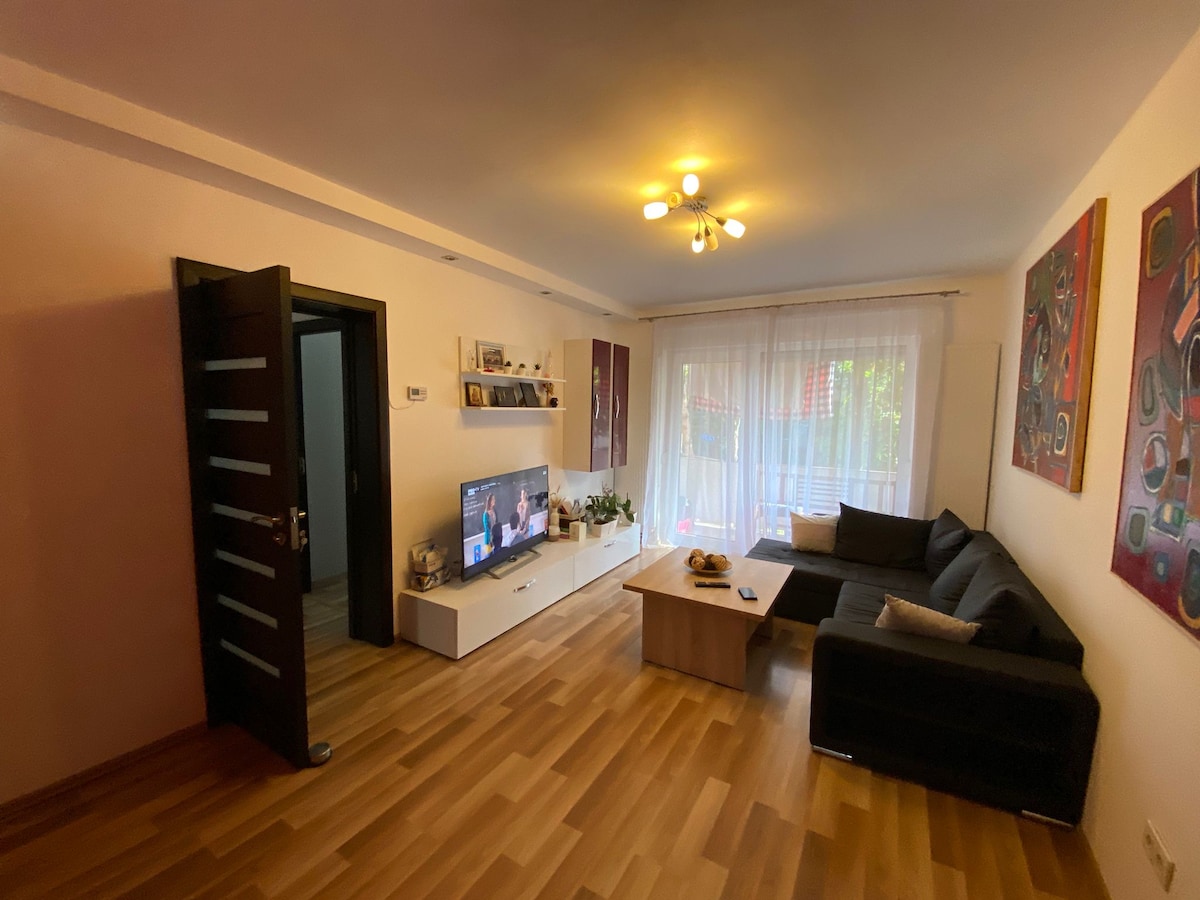 A spacious living area is presented with a dark sectional sofa arranged around a wooden coffee table. A television is mounted on the wall across from the seating. Natural light filters through sheer curtains, and artwork adorns the walls, enhancing the welcoming environment.