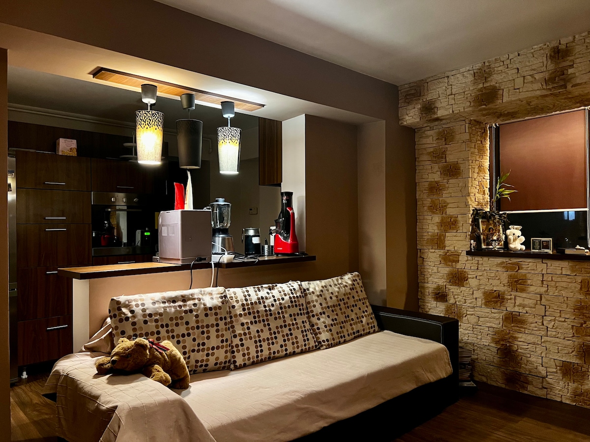 A cozy living area features a neutral-toned sofa with a patterned cover. A small kitchen area is visible in the background, equipped with modern appliances. Soft lighting is provided by stylish pendant lamps hanging above the kitchenette, creating a comfortable ambiance.