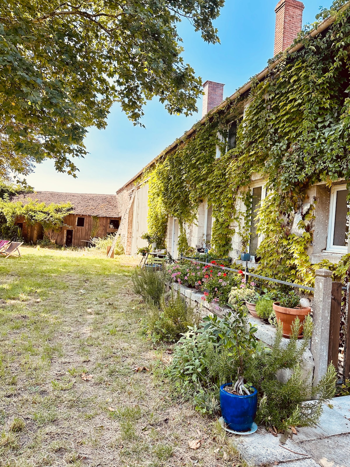 The exterior of the house is adorned with lush green ivy and flowering plants. A spacious garden area is visible, providing a serene atmosphere. Nearby, a rustic barn can be seen in the background, complementing the charming countryside setting.