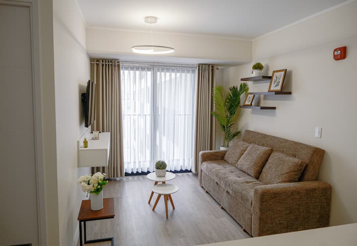 Amplia e iluminada sala con sofá cama.