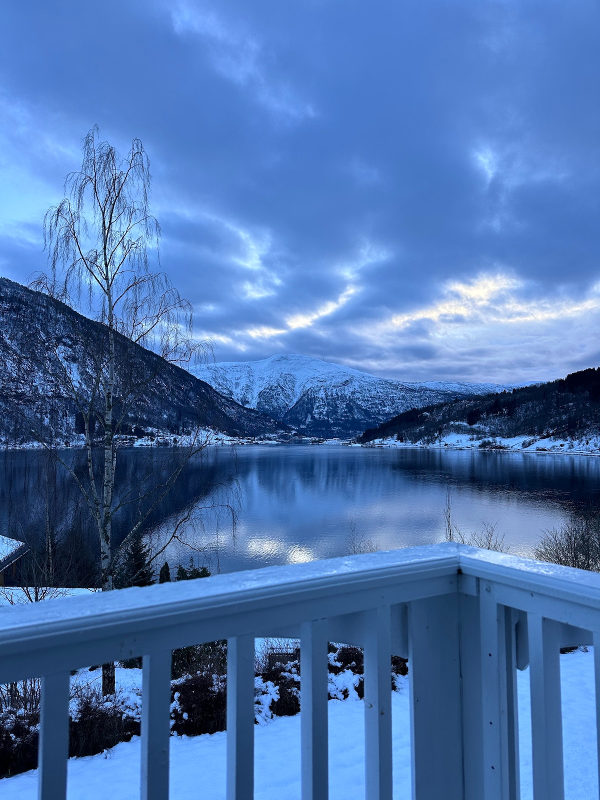 A serene view is captured, showcasing a calm lake surrounded by snow-covered mountains under a cloudy sky. Soft blue tones reflect on the water's surface, complemented by the silhouette of a leafless tree in the foreground and the railing of a nearby balcony.