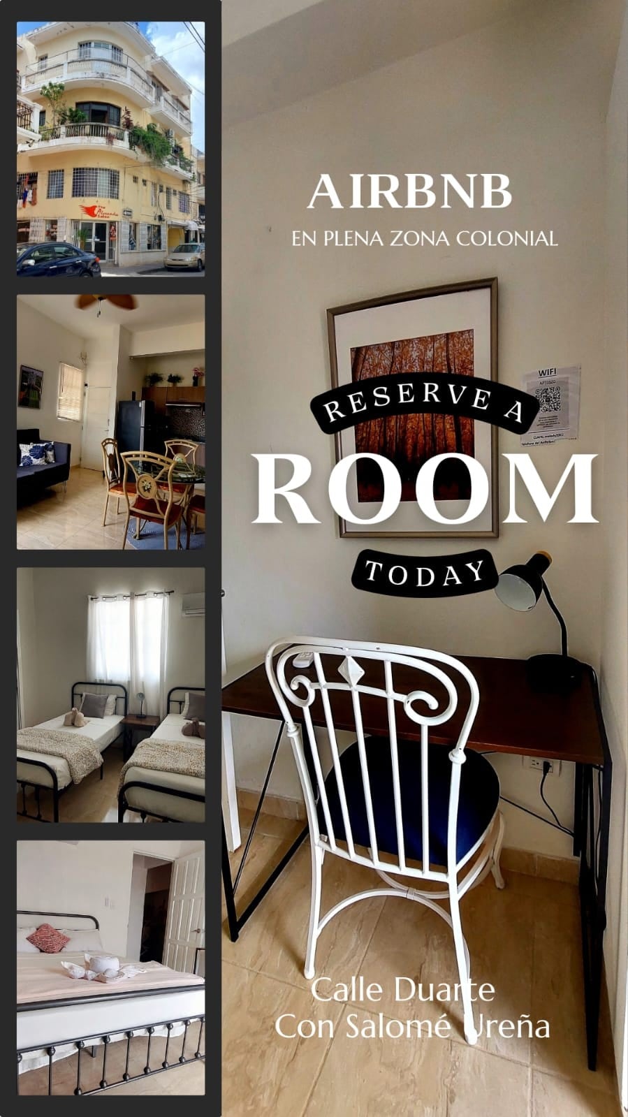 The image presents a multi-story building in a colonial style, showcasing a welcoming entrance and a balcony. An interior shot reveals a bright room with two beds, a simple desk, and a comfortable chair. Natural light fills the space, highlighting the neutral decor.