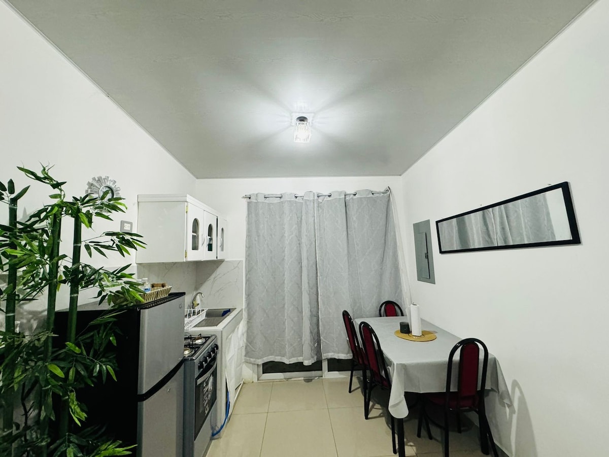 A bright kitchen area features white cabinetry and modern appliances, including a fridge and stove. A round table with four chairs is positioned next to large, light-filtering curtains, creating a cozy dining space. A potted plant adds a touch of greenery.