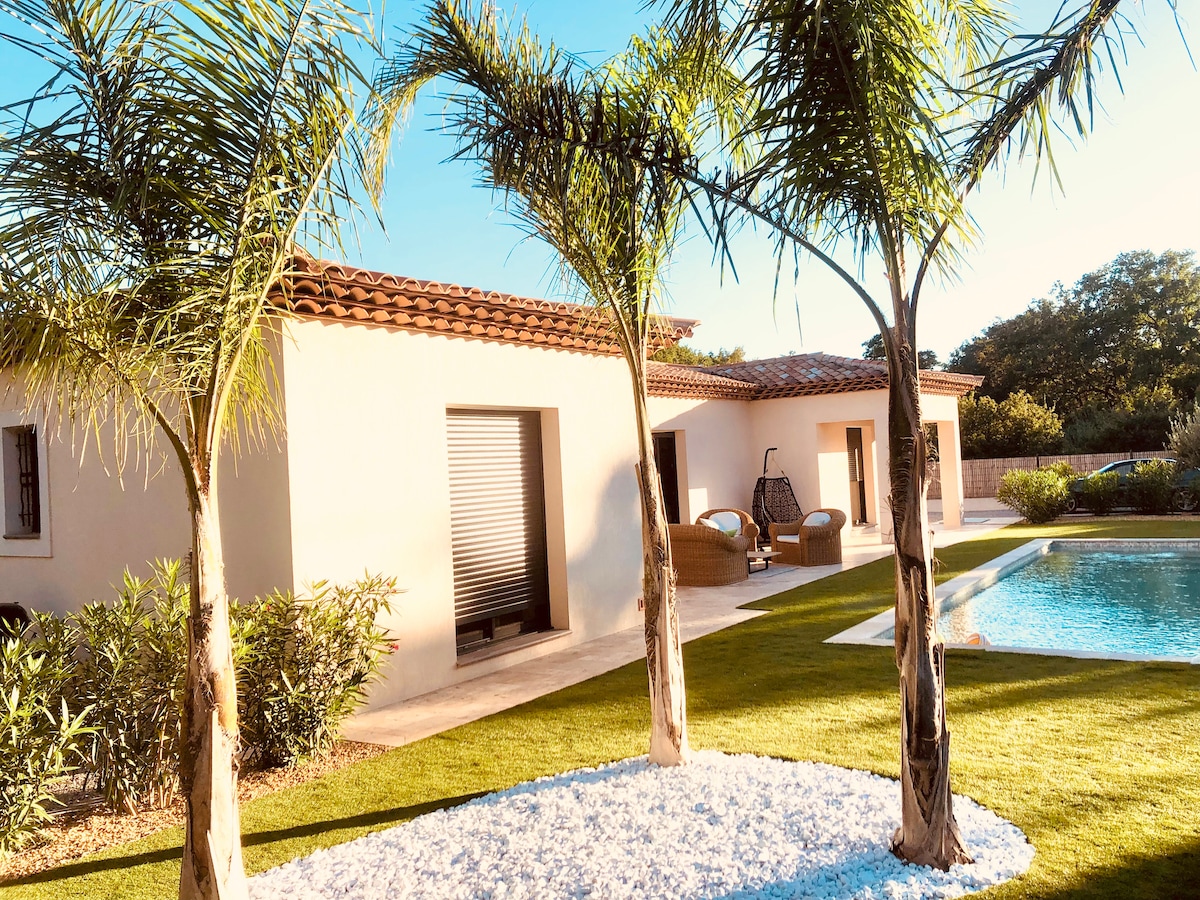 A serene outdoor setting features two slender palm trees framing a meticulously landscaped yard. A clean, inviting swimming pool reflects the sunlight beside a modern single-story residence. Comfortable seating is positioned on a stone patio, providing an ideal spot for relaxation.