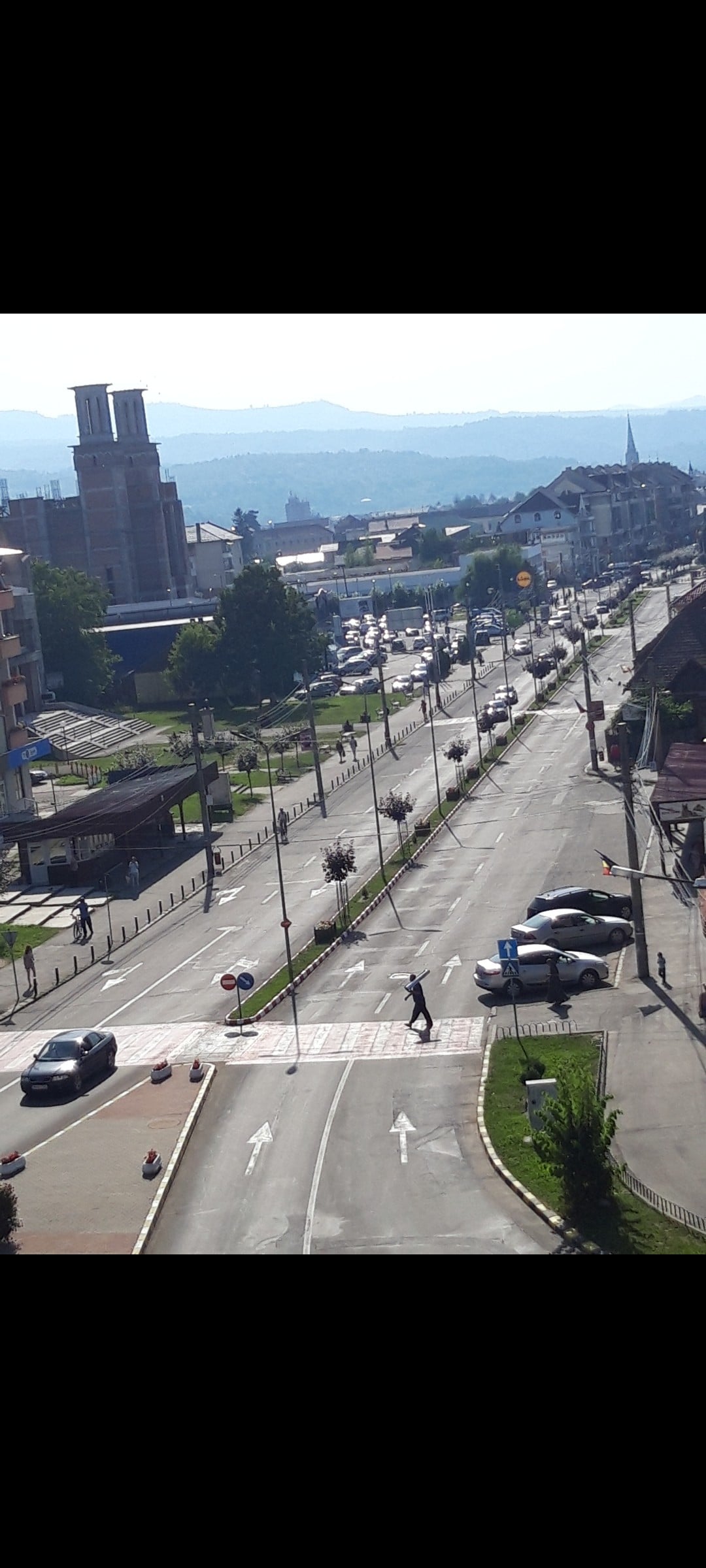 An urban street scene is depicted, showcasing multiple lanes of traffic, neatly lined plants, and pedestrian pathways. Buildings are visible alongside the road, with a gentle incline leading to distant mountains under a clear sky. Traffic signs and signal lights are prominently positioned.