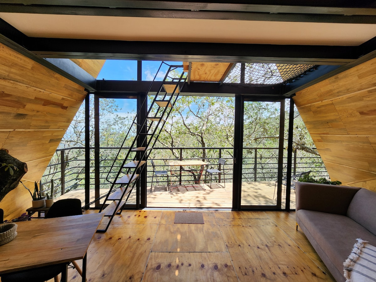The interior space features a modern design with wooden walls and a large glass door that opens to a balcony. A ladder leads to an upper level, while a cozy seating arrangement and a dining table are present. Natural light fills the space, enhancing the connection to the outdoors.