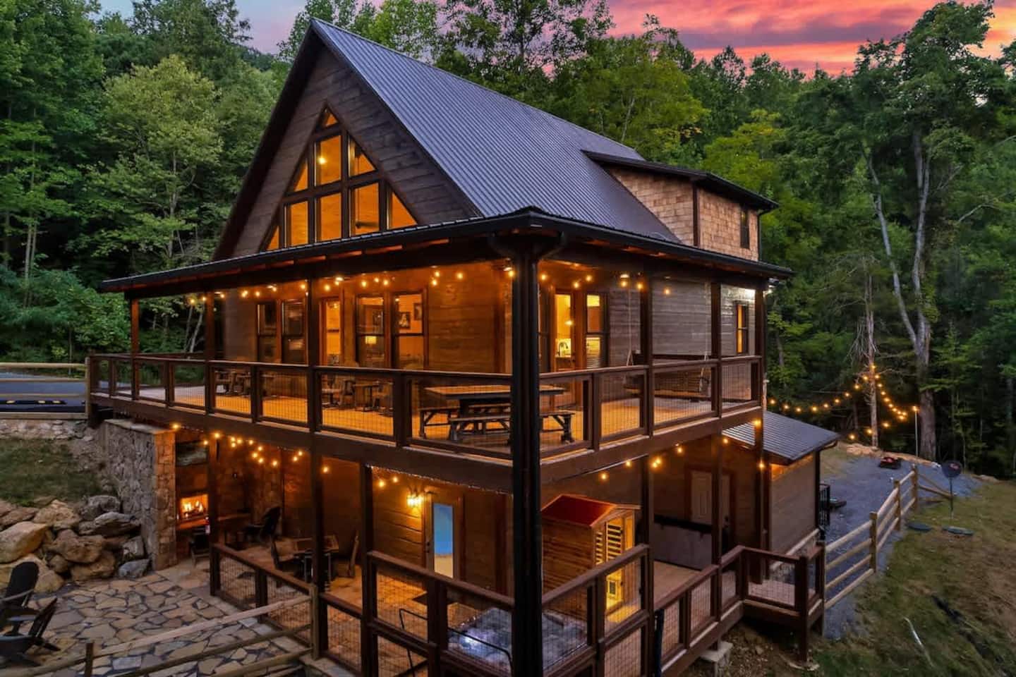 Creekside Adventure cabin exterior at twilight
