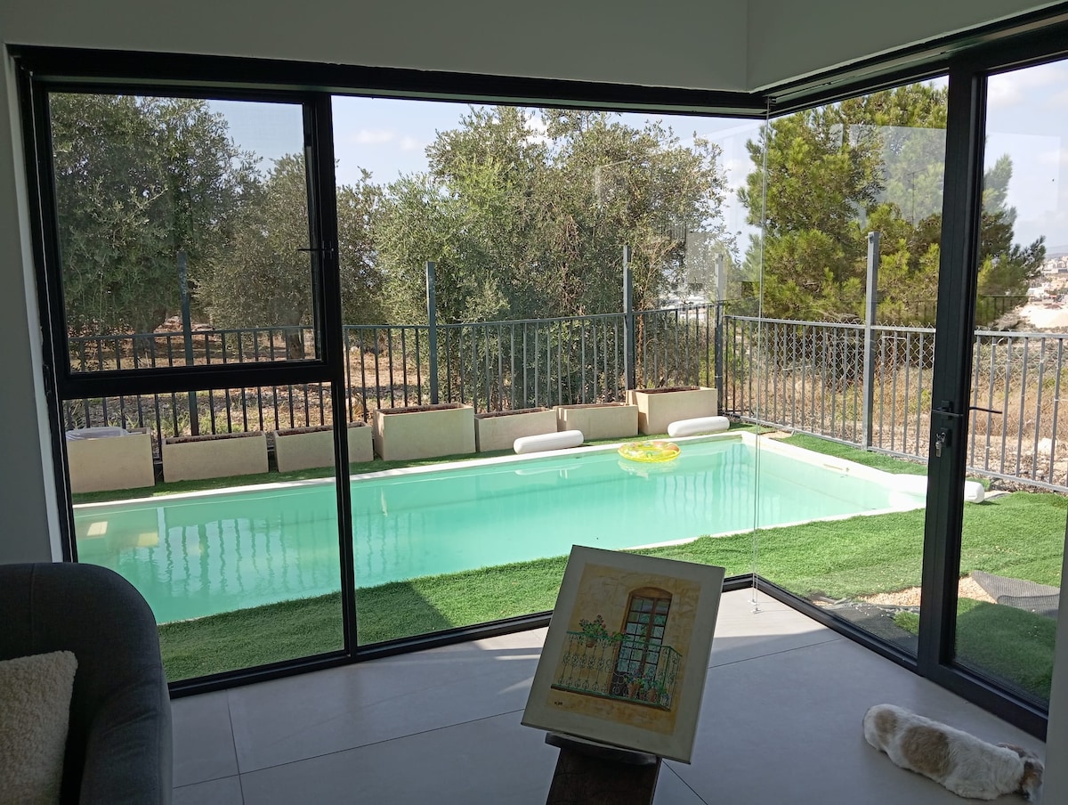 Од дневната соба може да се види директно во базенот и прекрасниот поглед на маслиновата шумичка и бескрајниот вади кој исто така е исполнет со маслинови дрвја.
Исклучително корисно дури и кога сакате да седите малку во клима уредот додека децата се во базенот :)