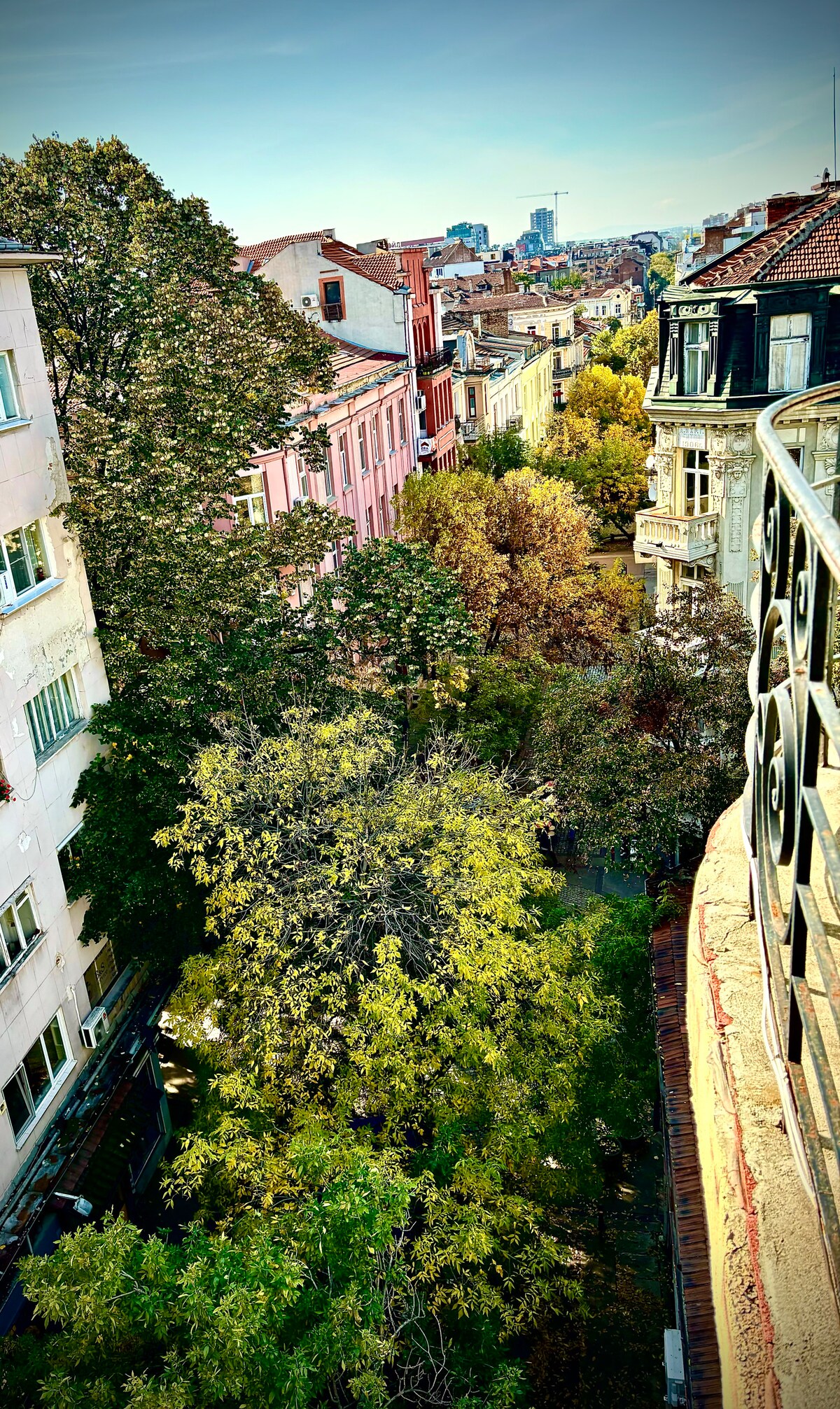 A view from the balcony reveals a tree-lined street with a mix of greenery and historic buildings. Vibrant autumn foliage adds color, while distant cityscapes showcase modern architecture. The peaceful atmosphere is enhanced by the absence of traffic noise.