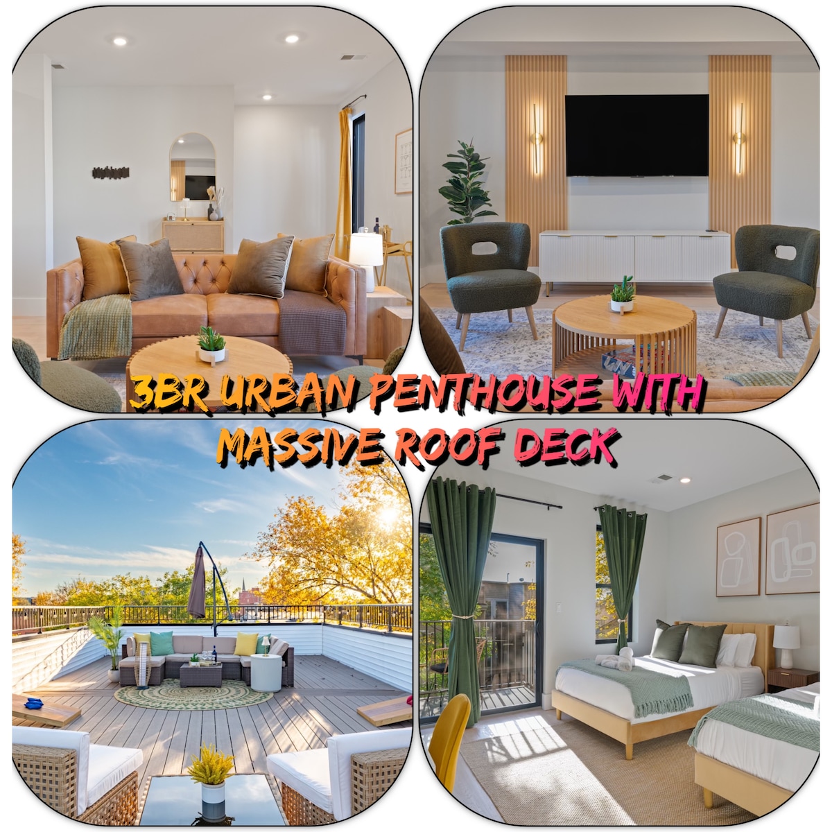 A stylish living room is furnished with a comfortable seating area, featuring a large Smart TV mounted on a white media console. Natural light fills the space through wide windows, framed with green curtains. A spacious rooftop deck is captured below, equipped with ample seating and accentuated by scenic views.