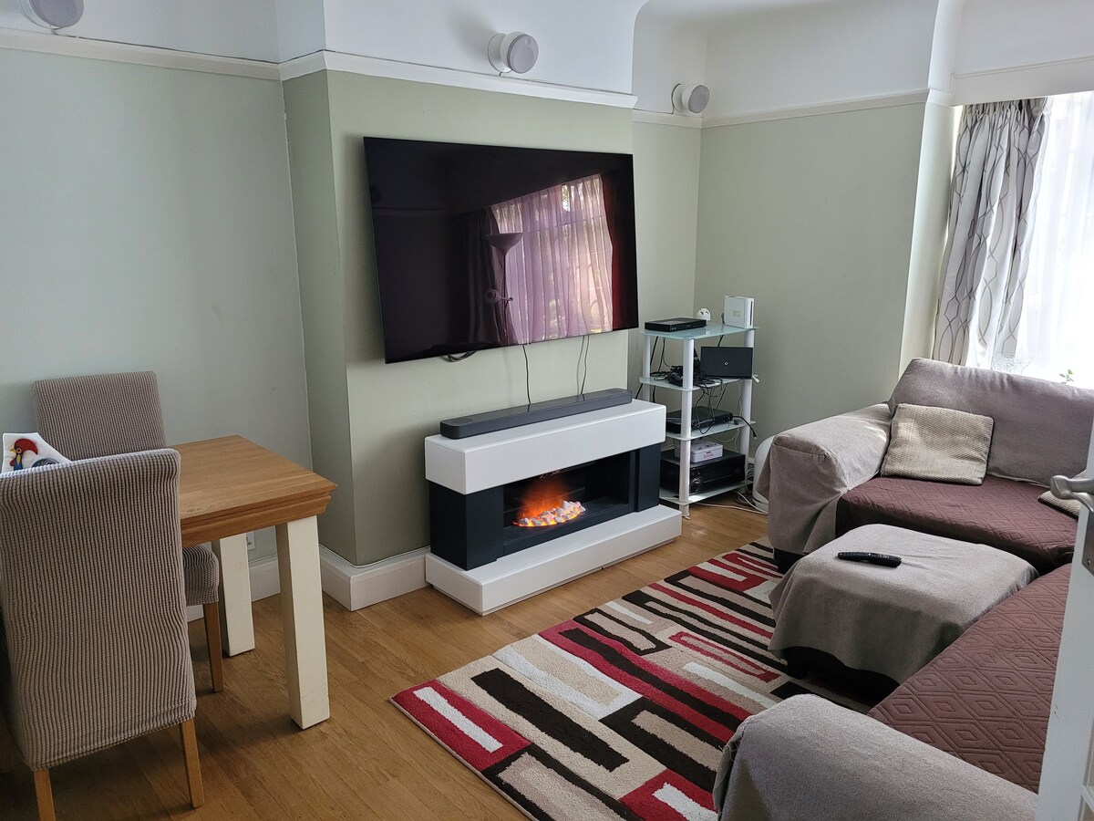 A modern living room features a large television mounted on a light-painted wall. A stylish electric fireplace is situated below the TV. A comfortable, sectional sofa is positioned to the right of a light wood dining table with two plush chairs. A colorful area rug adds visual interest.