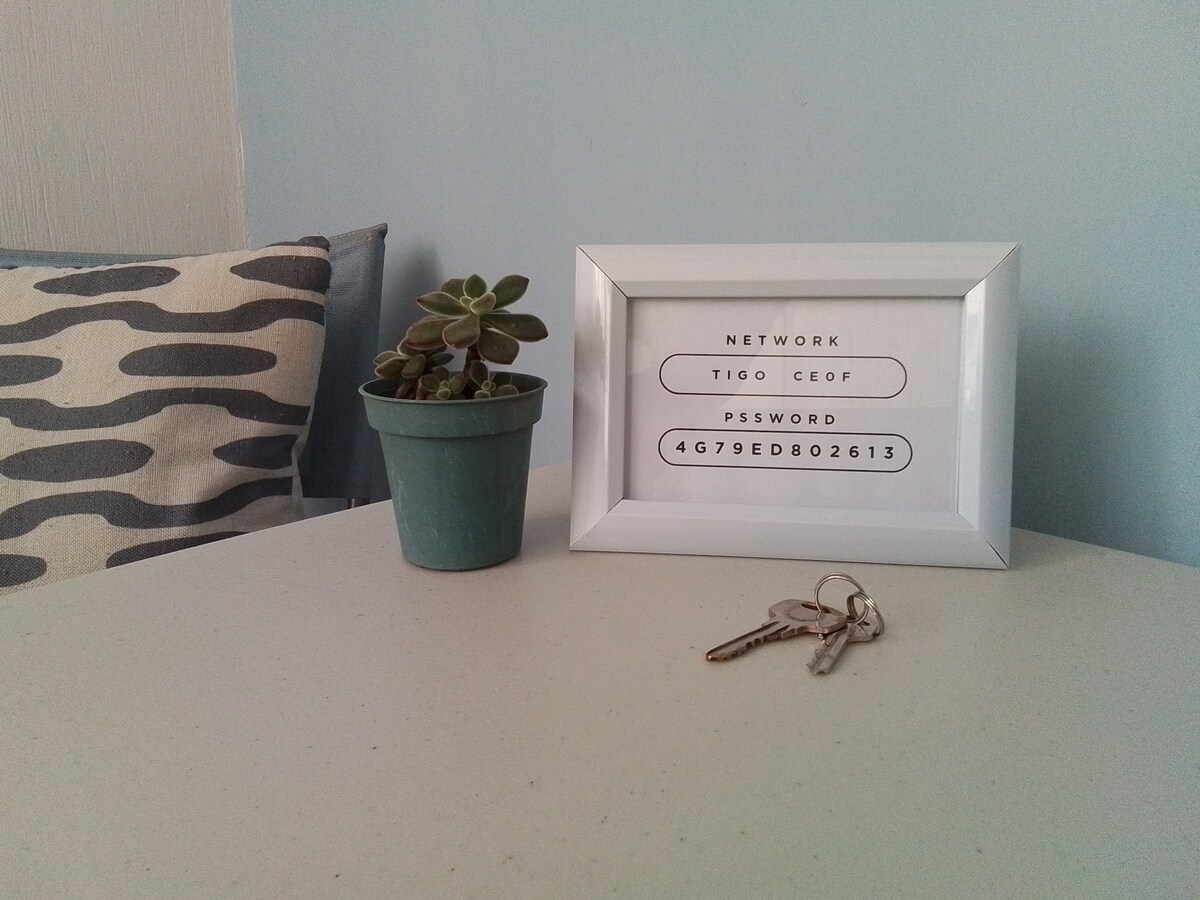 A small table is set with a potted succulent in a light green container next to a framed sign displaying Wi-Fi network information. A keychain rests on the table, which has a subtle texture. A decorative pillow with a patterned design can be seen in the background.