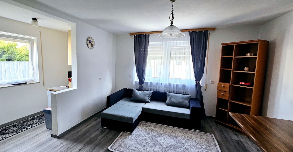 The living area features a sectional sofa, paired with two cushions, positioned near a window dressed in light curtains. A simple wooden bookshelf stands nearby, and a rug covers the gray flooring, adding a touch of warmth.