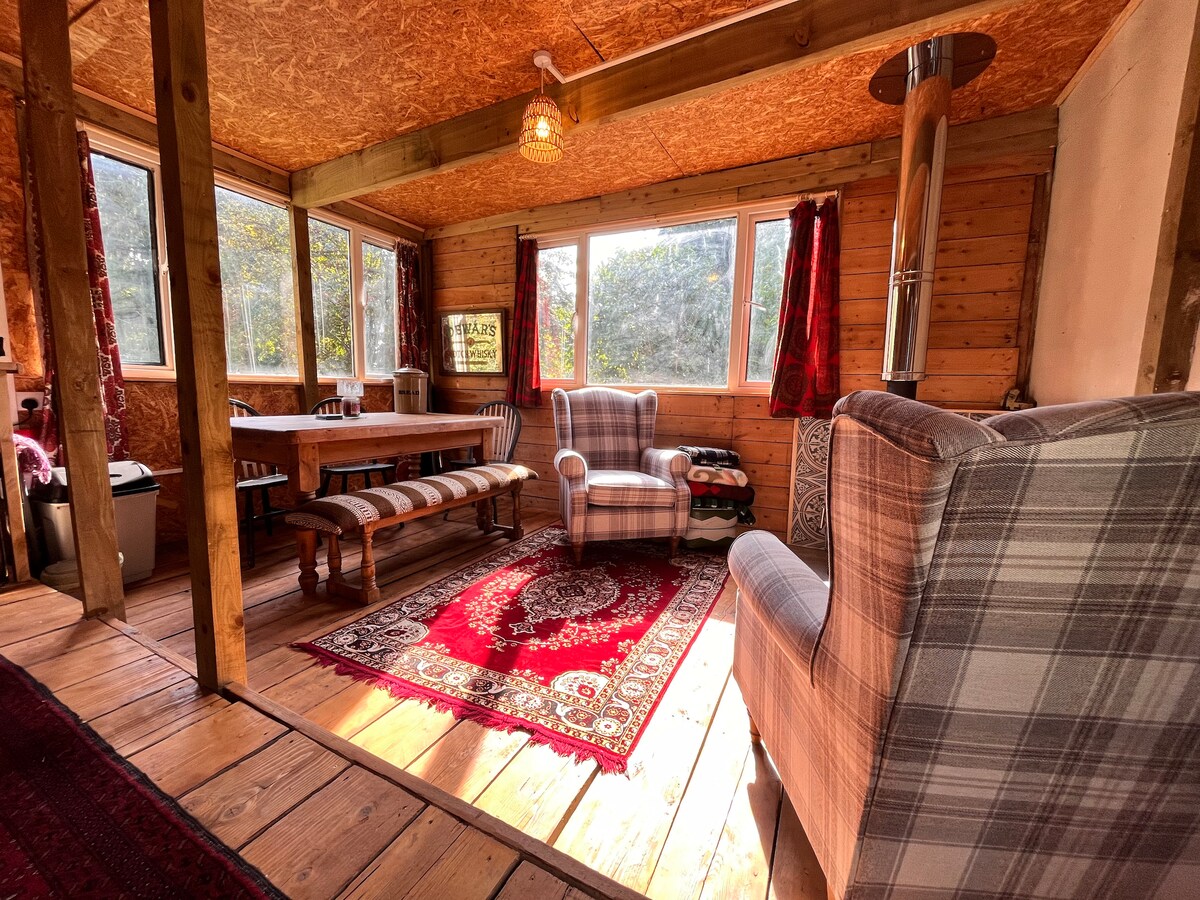 The open plan living space features large windows allowing natural light to fill the room. A cozy seating area includes two plaid chairs and a low table. A decorative rug anchors the space, while wooden beams and paneling add to the rustic charm.