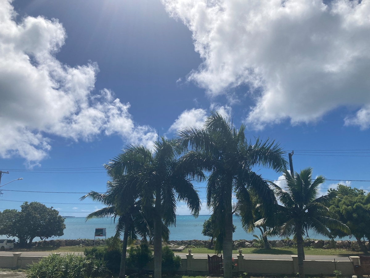 A view of palm trees swaying gently in the foreground, with a bright blue sky overhead. The ocean is visible in the background, creating a serene coastal atmosphere. Soft clouds float above, enhancing the openness of the scene.