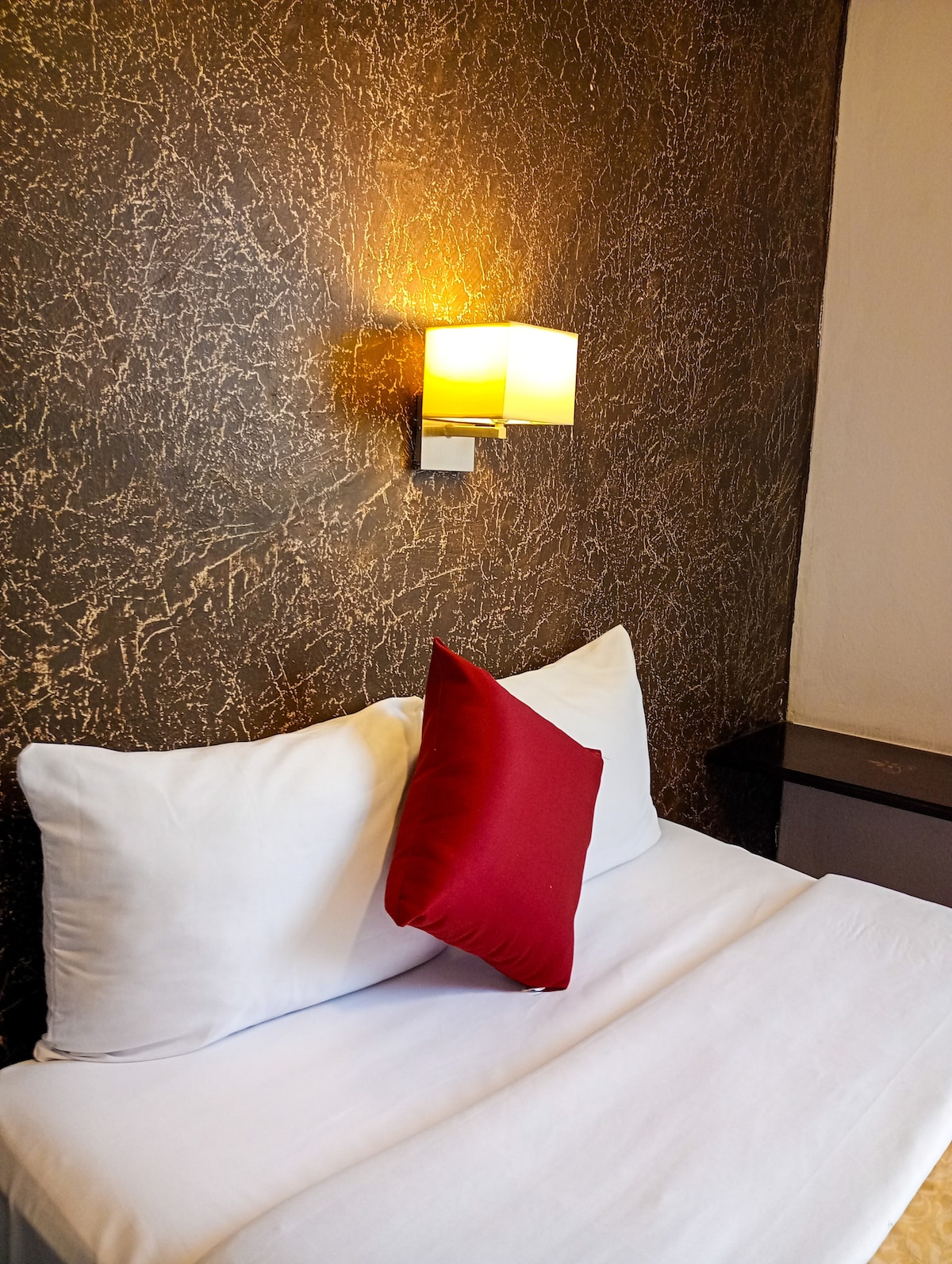 A cozy sleeping area features a spacious bed with white linens and two plump pillows. A vibrant red accent pillow adds a pop of color. A soft wall sconce illuminates the textured wall, enhancing the restful ambiance.