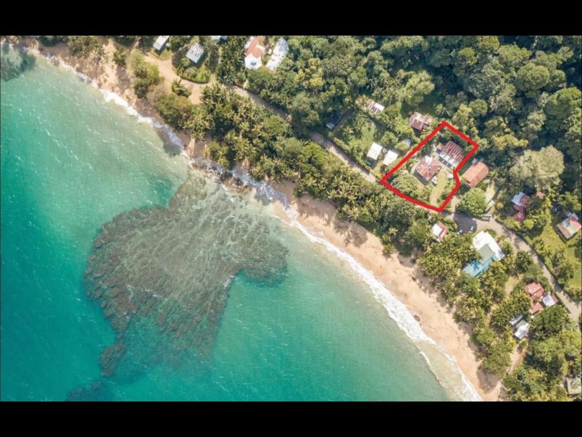 An aerial view captures the apartment's location in relation to the coastline, highlighting lush greenery surrounding the property. The clear turquoise waters of the ocean gently transition to a sandy beach, with the apartment marked by a distinctive outline near the shoreline.