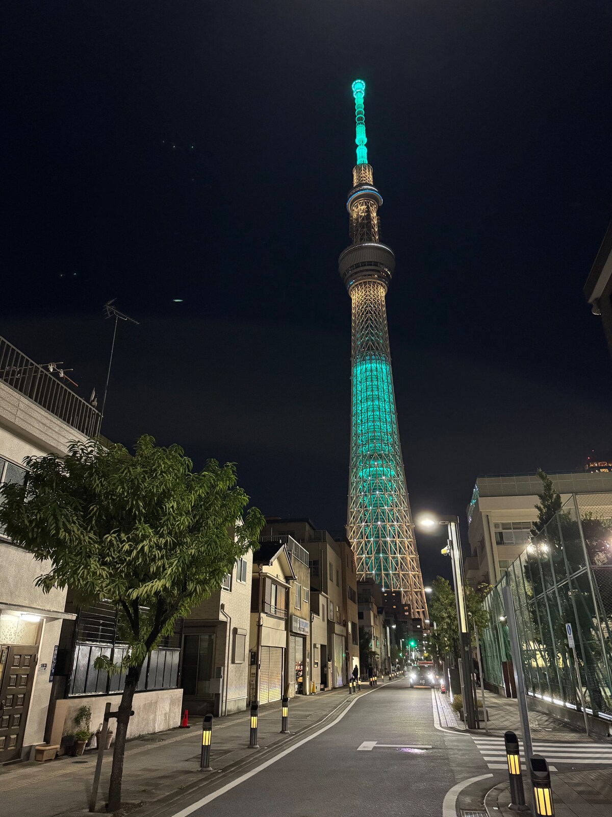 The Tokyo Skytree is illuminated in vibrant green lights against a night sky, towering over a quiet street lined with houses and trees. Streetlights dot the roadway, enhancing the serene ambiance of the neighborhood.
