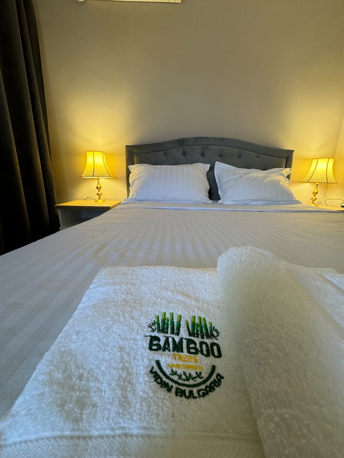 A comfortable sleeping area is presented with a spacious bed dressed in fresh linens. Soft lighting from two bedside lamps creates a gentle glow. A white towel with the Bamboo Tree Apartments logo is neatly arranged on the bed, adding a touch of warmth to the setting.
