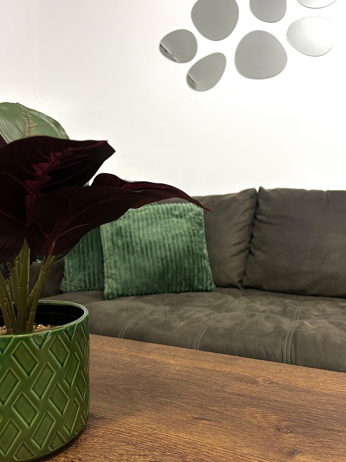 A modern living area is highlighted by a dark green sofa adorned with textured cushions. A decorative plant sits in an intricately designed pot on a wooden coffee table. A round mirror with a unique design is positioned on the wall behind the seating area.