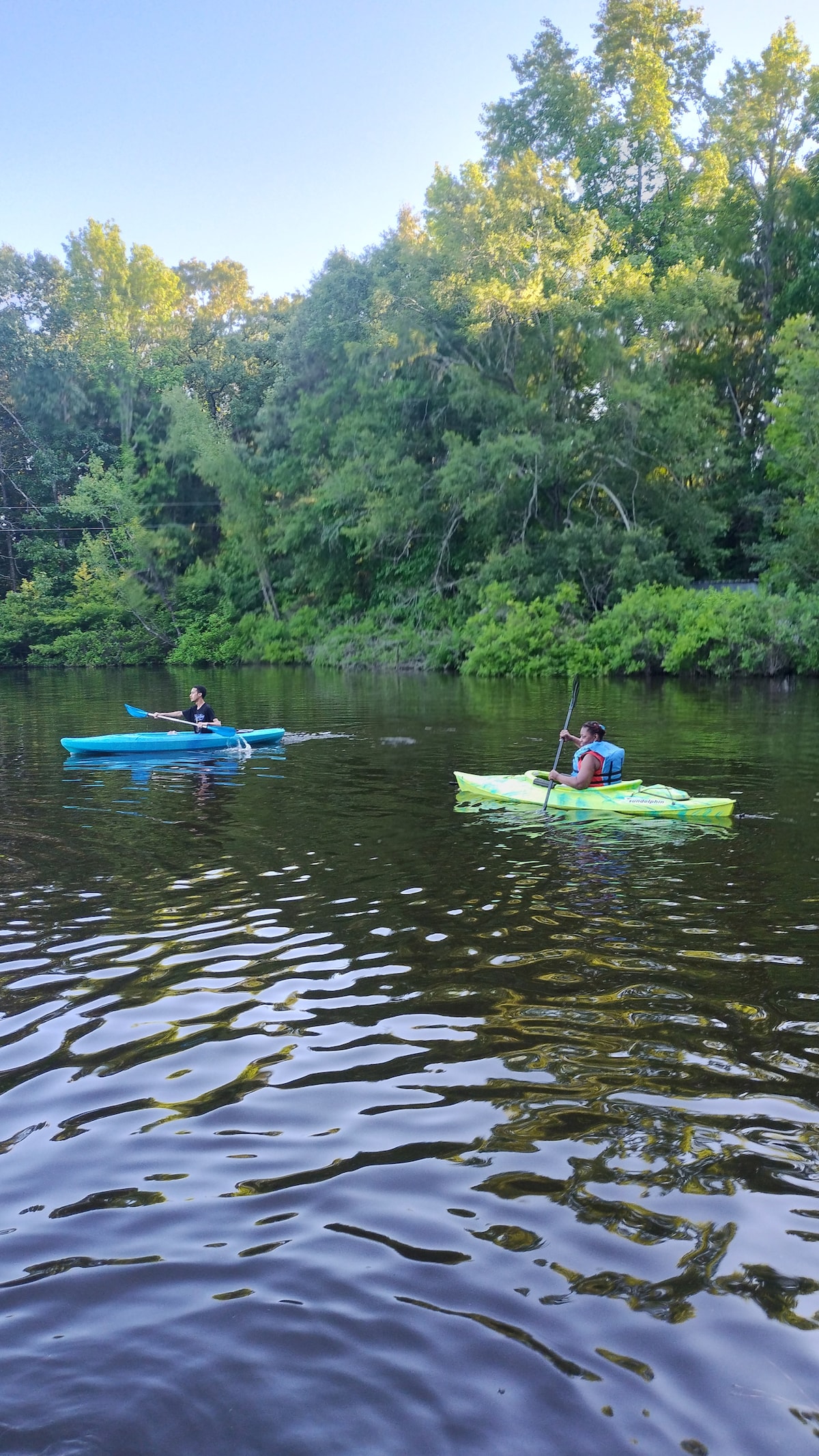 Two kayakers are seen paddling on a calm body of water, surrounded by lush green trees. The sun reflects on the water's surface, creating a peaceful atmosphere. Both individuals are wearing life jackets, and one kayak is a vibrant blue while the other is green.