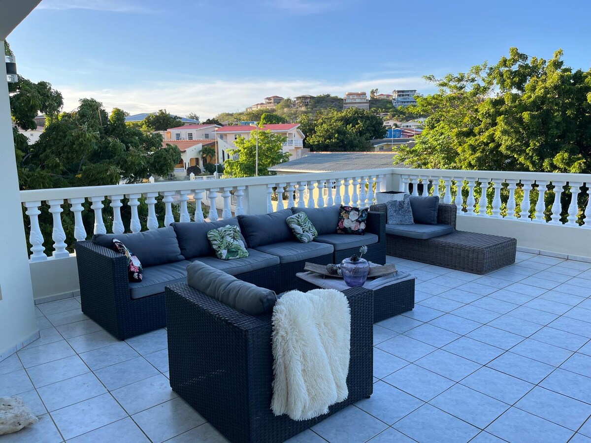 A spacious terrace features comfortable lounge furniture and cushions, designed for relaxation. Lush greenery and a view of the surrounding neighborhood are visible in the background, contributing to a serene outdoor setting.