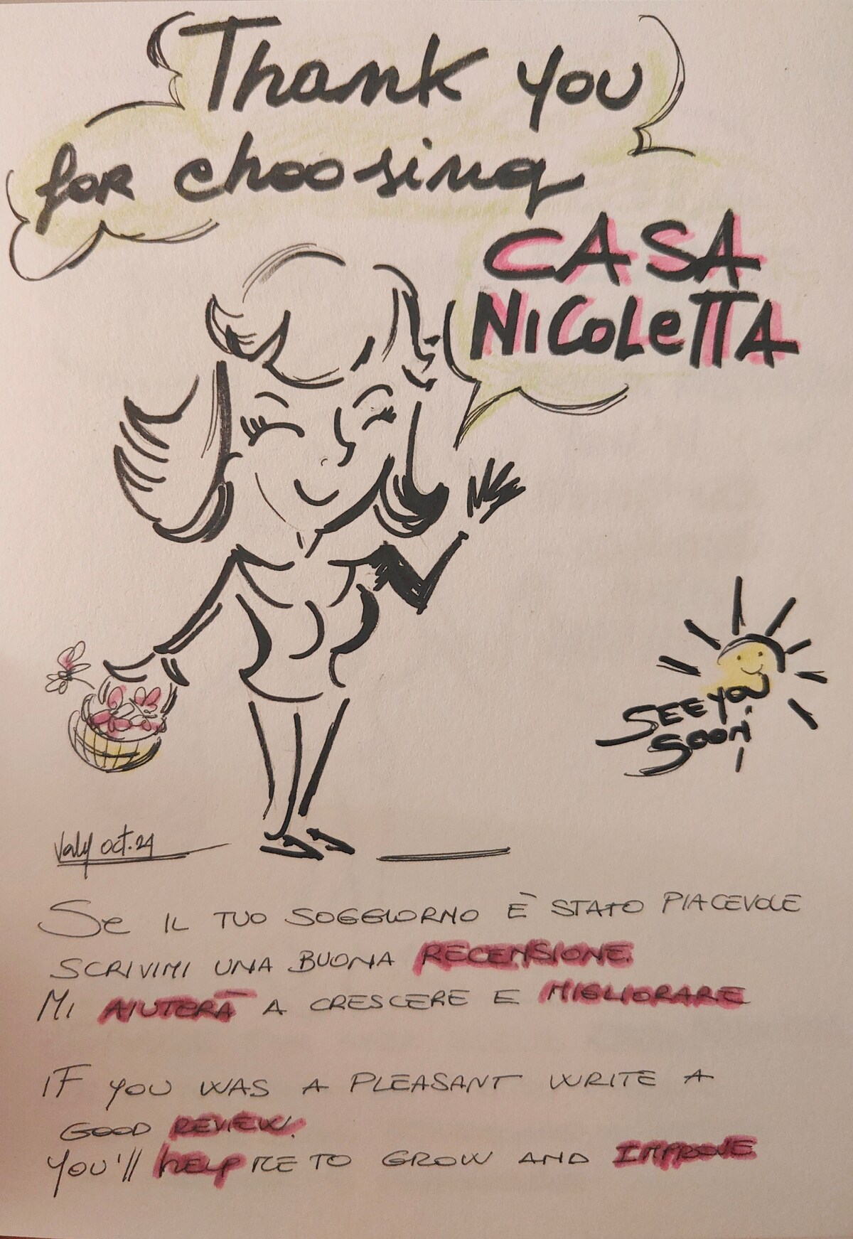 A colorful thank-you note is displayed, featuring hand-drawn illustrations. The note expresses gratitude for choosing Casa Nicoletta and encourages guests to leave a positive review to help improve the experience. The playful design includes a cartoonish figure holding a flower basket and a friendly message.
