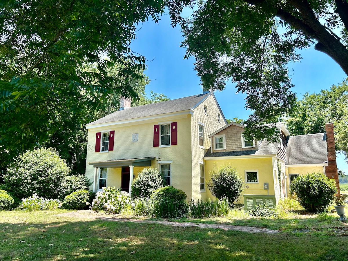 A historic residence is framed by lush greenery and flowering plants. The two-story structure features a yellow exterior complemented by red shutters. Surrounding gardens provide ample outdoor space, with tree canopies offering dappled sunlight throughout the area.