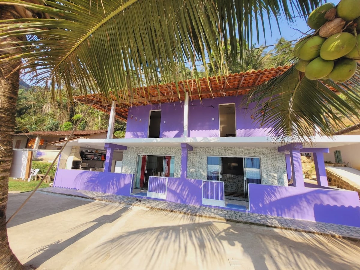 A two-story house is visible, featuring a vibrant purple exterior with large glass doors and windows. A spacious patio area is in front, and tropical palms provide shade. The structure is surrounded by natural greenery, presenting a tranquil atmosphere near the beach.