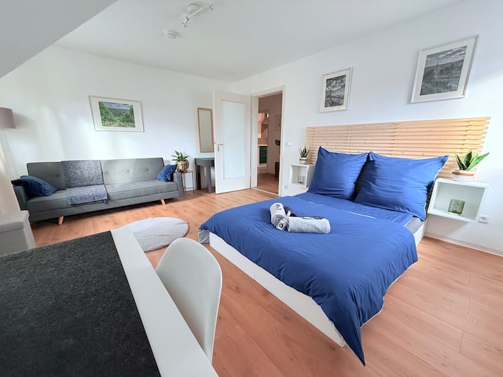 Vaša siva soba opremljena udobnim krevetom, udobnom sofom i radnim stolom koji nudi dovoljno prostora za prijenosno računalo.